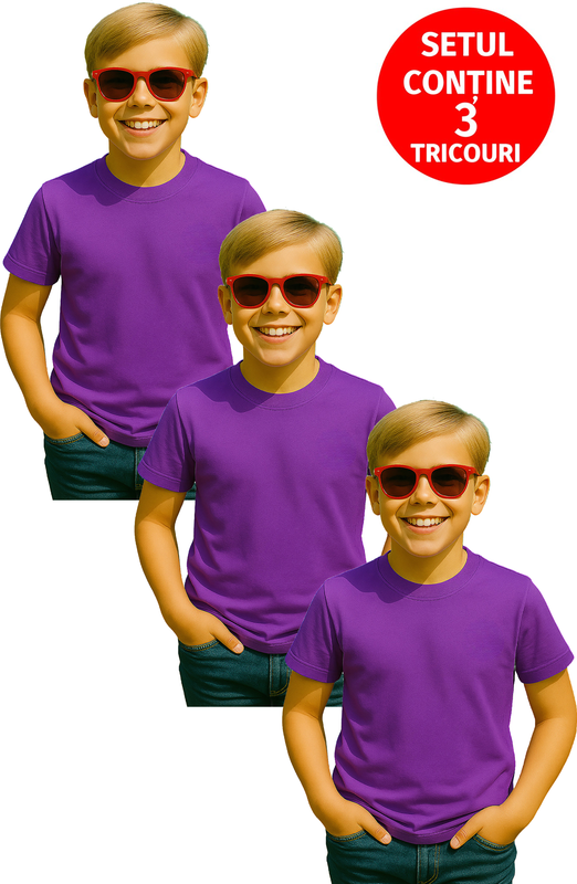 Set 3 tricouri Baiat Bumbac Simplu Casual Elegant Vara V2, Copil, Cri-Flo, Culoare Violet, Marime 11-12 ani, 158 CM