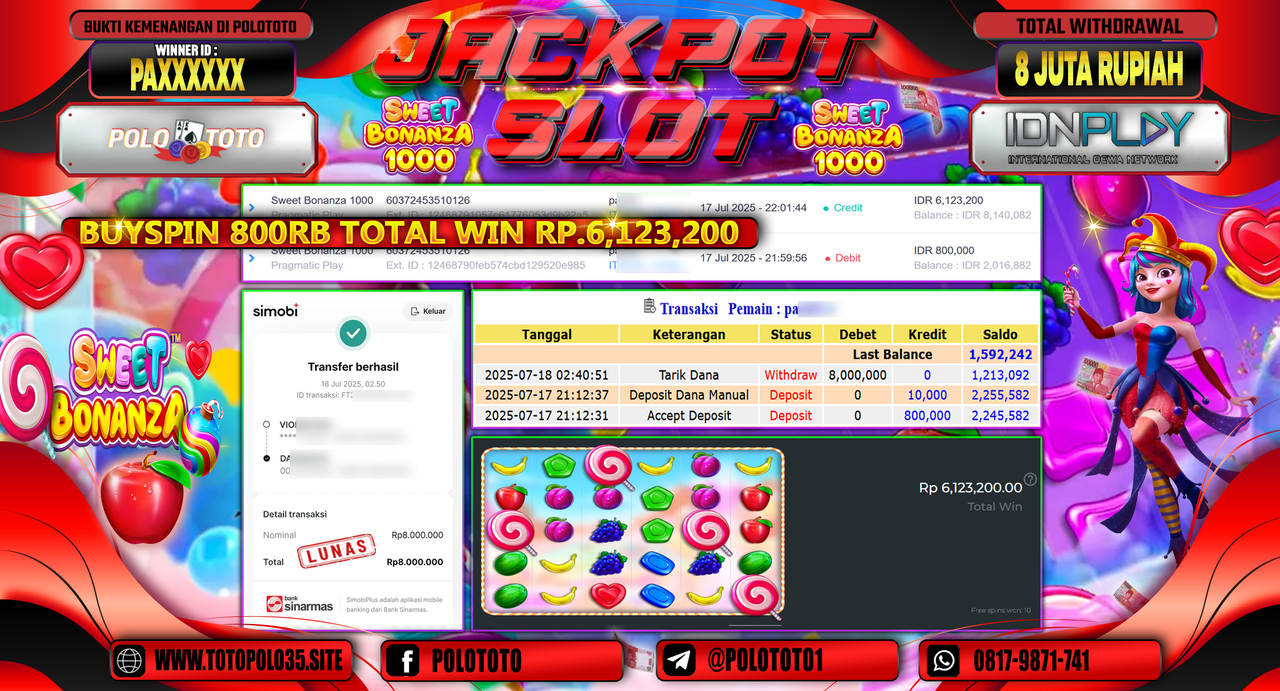 POLOTOTO JACKPOT SLOT SWEET BONANZA 1000 Rp.8.000.000,- LUNAS