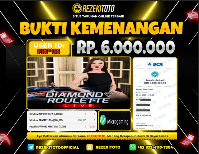 BUKTI KEMENANGAN 05 JULI 2025 DIAMOND ROULETTE 6 JUTA 