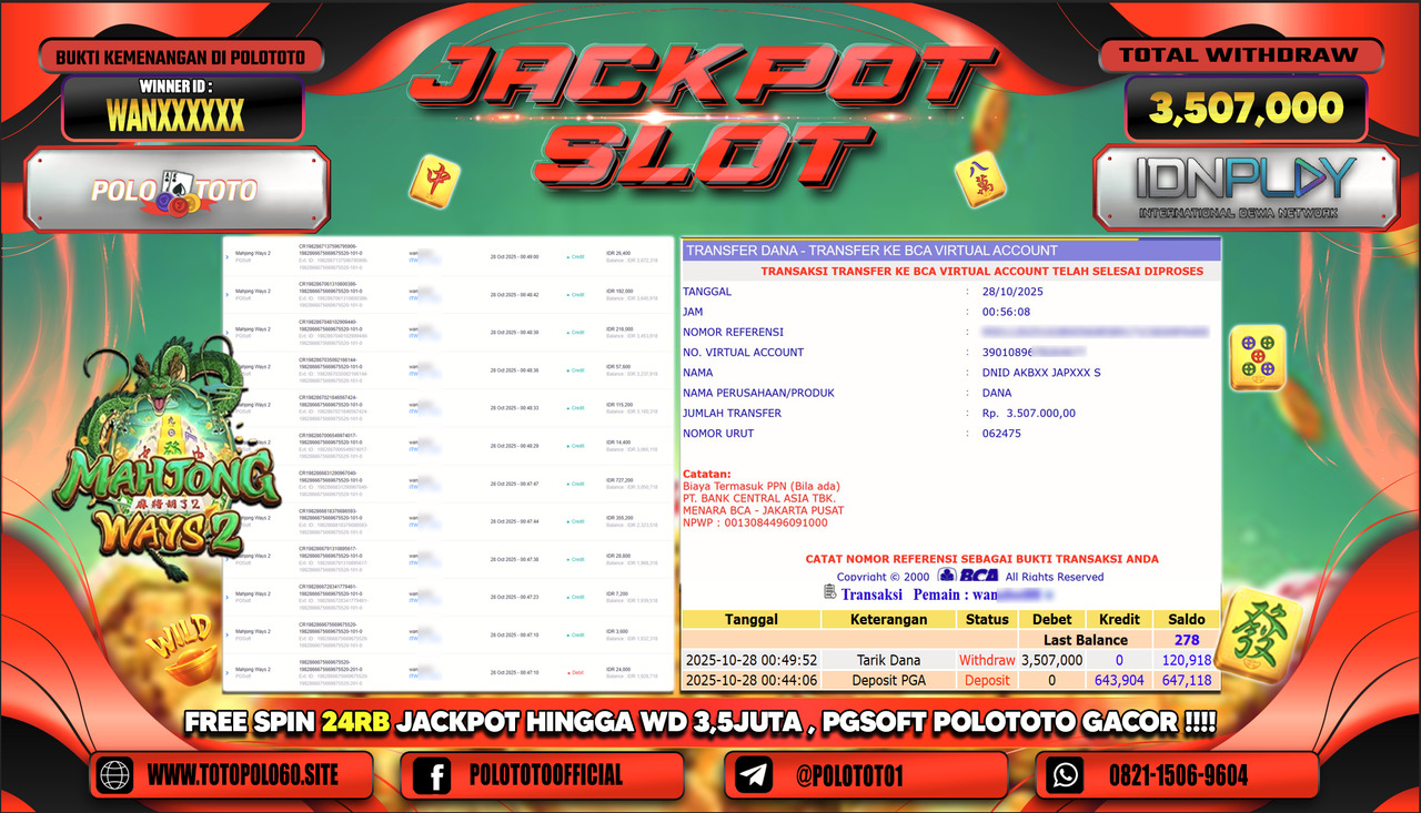 POLOTOTO JACKPOT SLOT MAHJONG WAYS 2 Rp.3.507.000,- LUNAS