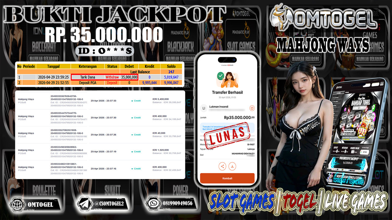 OMTOGEL JACKPOT PGSOFT MAHJONG WAYS 1 , 35 JUTA DI BAYAR LUNAS ,-
