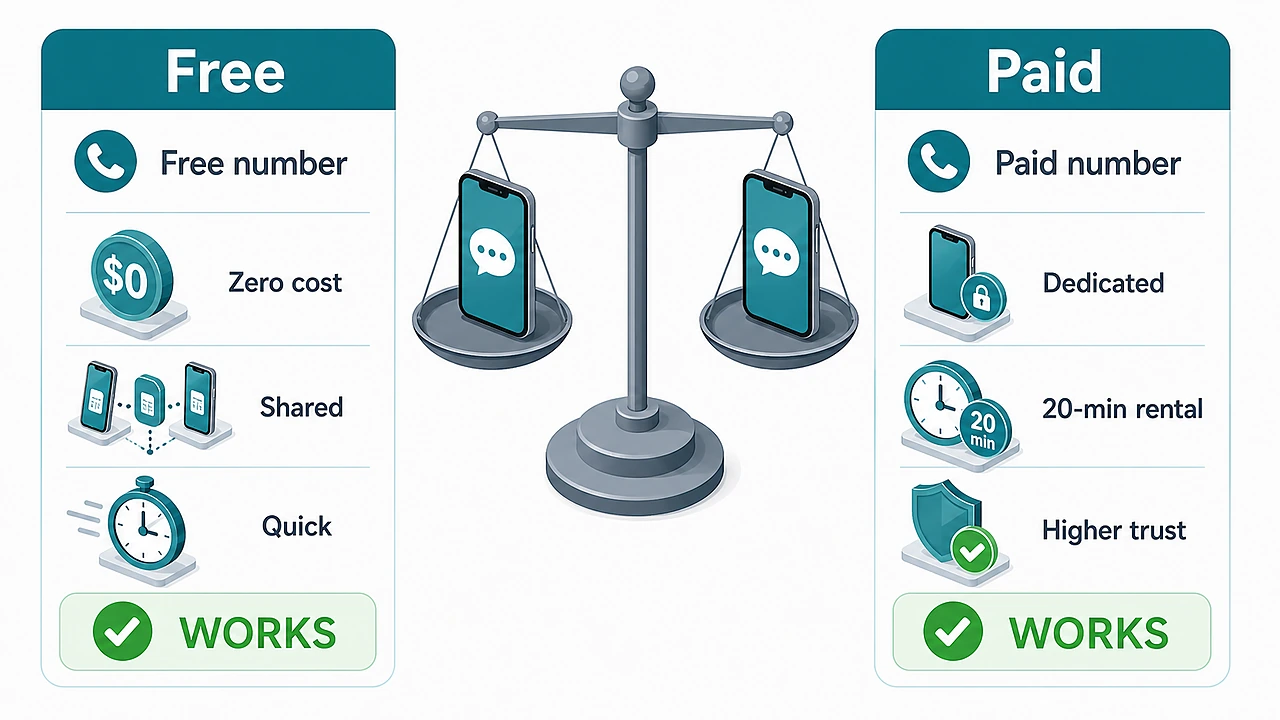 Free versus paid phone number for SMS verification side by side