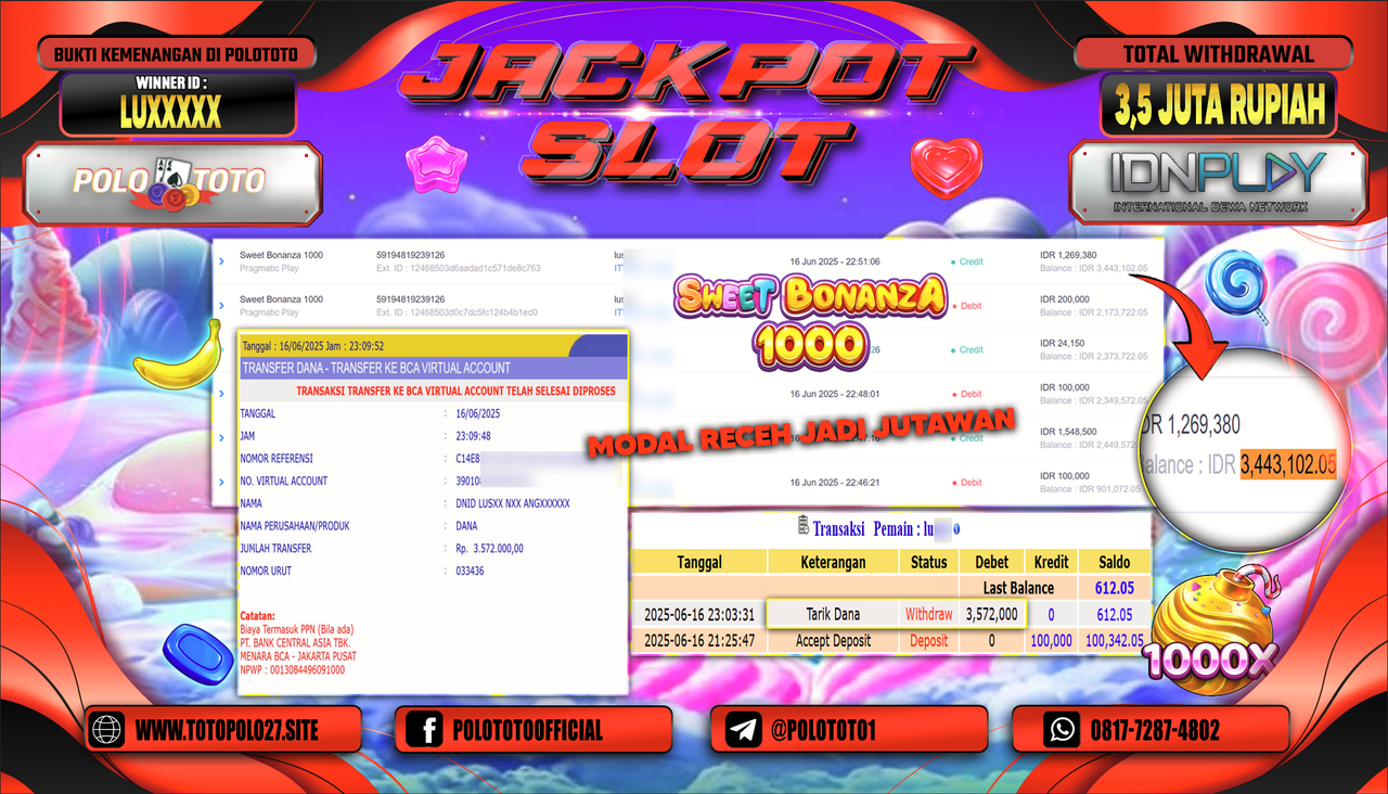 POLOTOTO JACKPOT SLOT SWEET BONANZA 1000 Rp.3.572.000,-