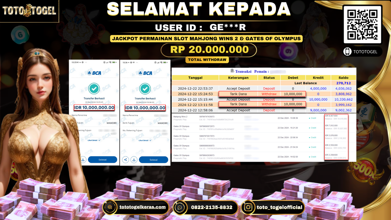 Bukti Pembayaran Jackpot  Permainan Slot Mahjong Wins 2 & Gates Of Olympus : GE***R LUNAS