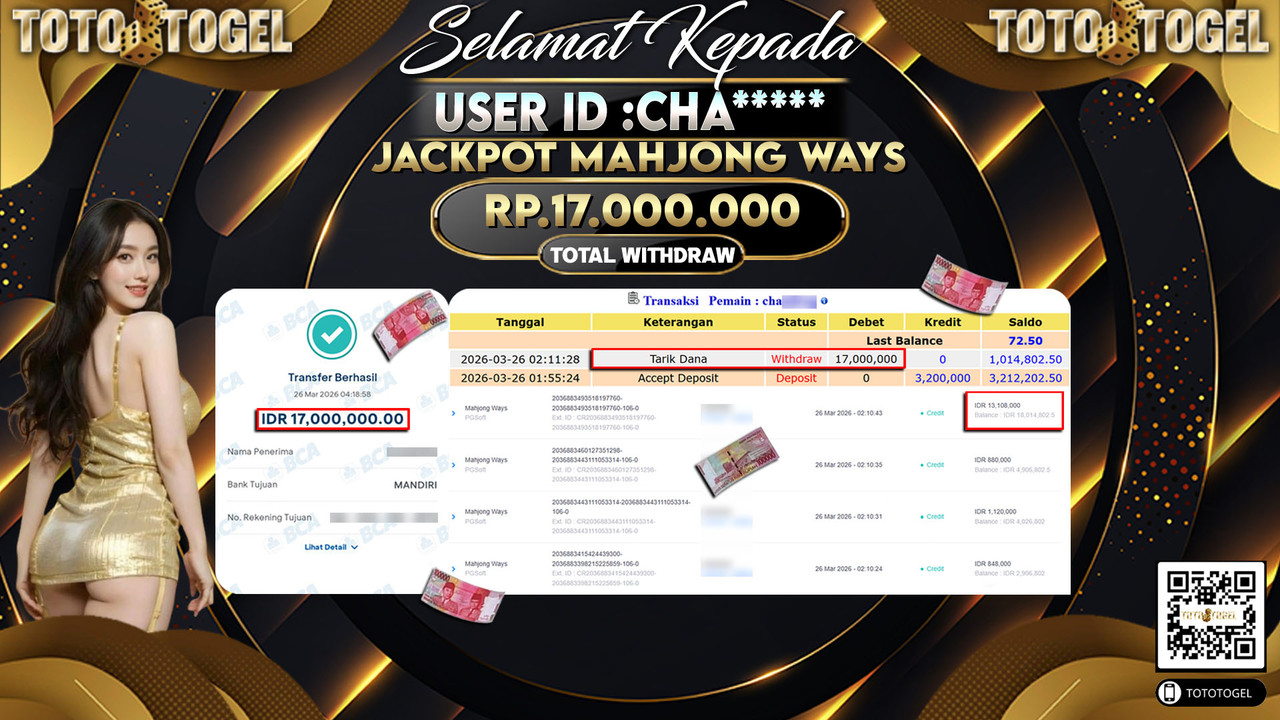 Bukti Pembayaran Jackpot Permainan Slot Mahjong Ways ID:CHA*****LUNAS