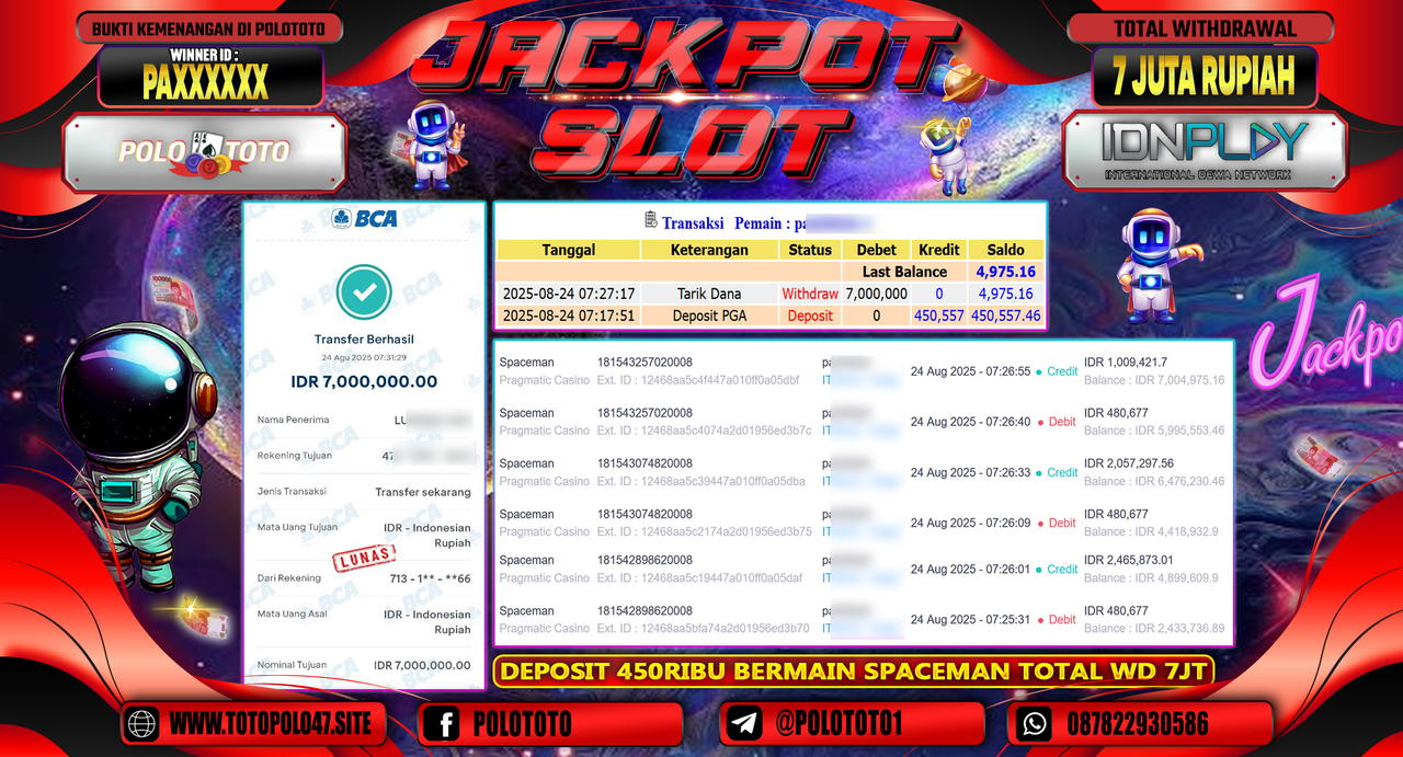 POLOTOTO JACKPOT SLOT SPACEMAN Rp.7.000.000,-