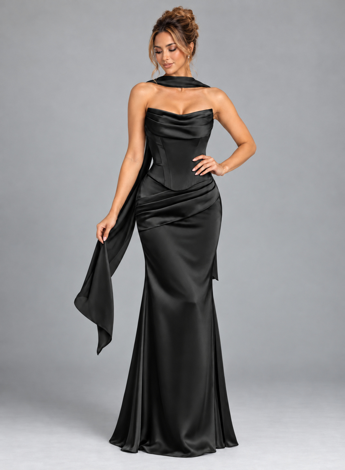 Satin Mermaid Cowl Neck Strapless Scarf Prom Dress with Lace-Up Back