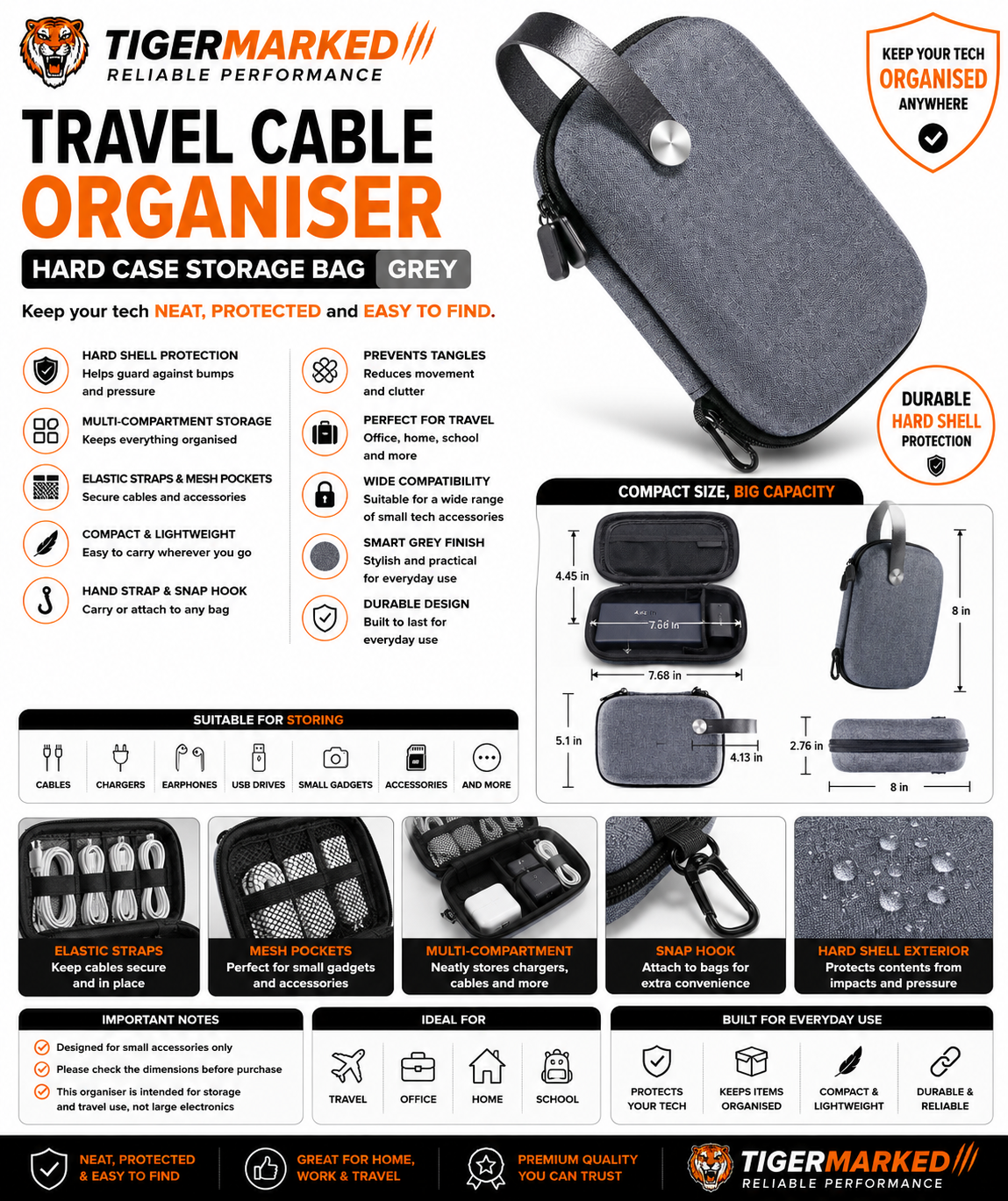 Travel Cable Organiser Hard Case Grey Pouch with compartments and storage features