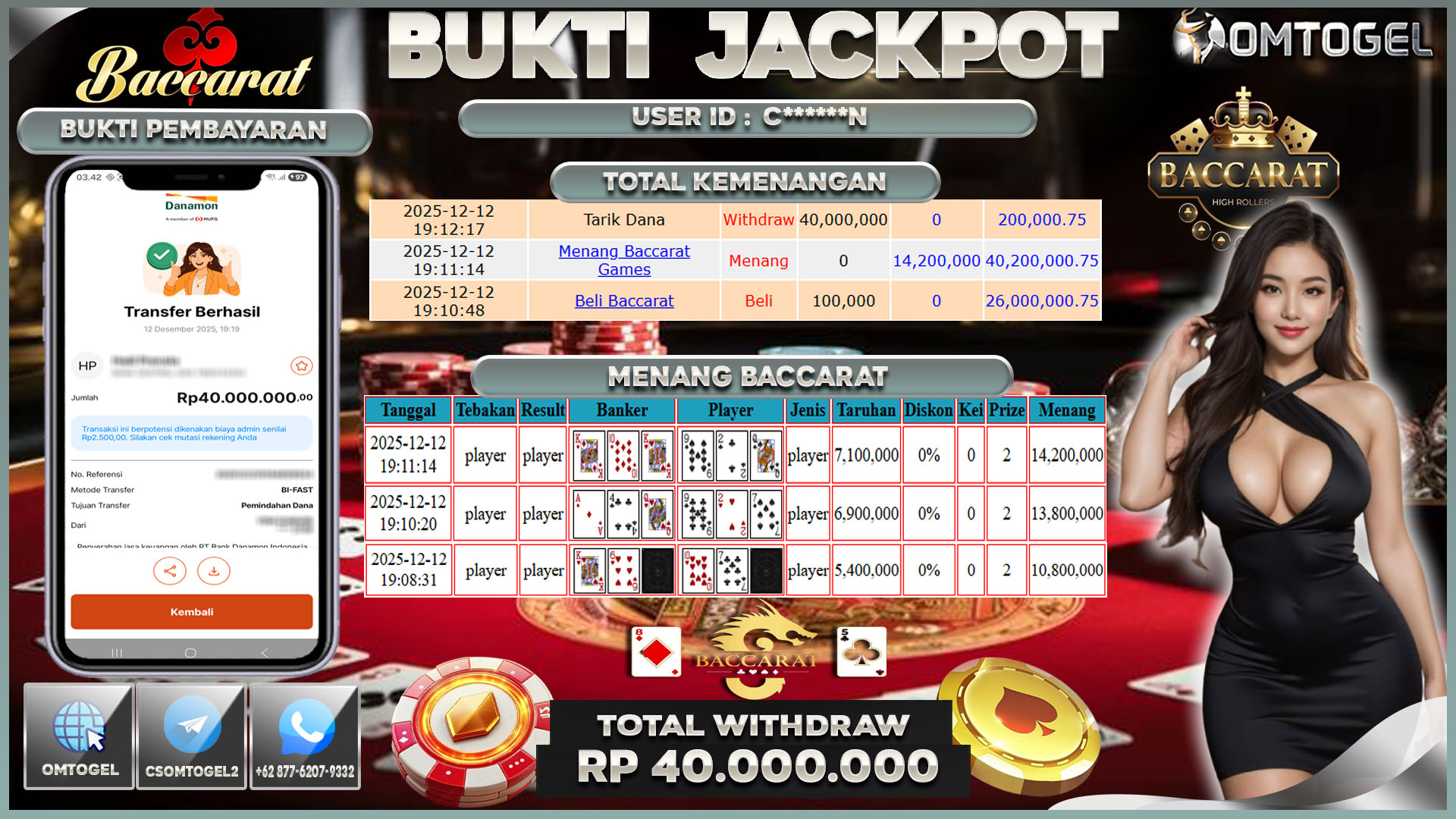 OMTOGEL JACKPOT LIVE CASINO BACCARAT  ,40 JUTA DI BAYAR LUNAS ,-