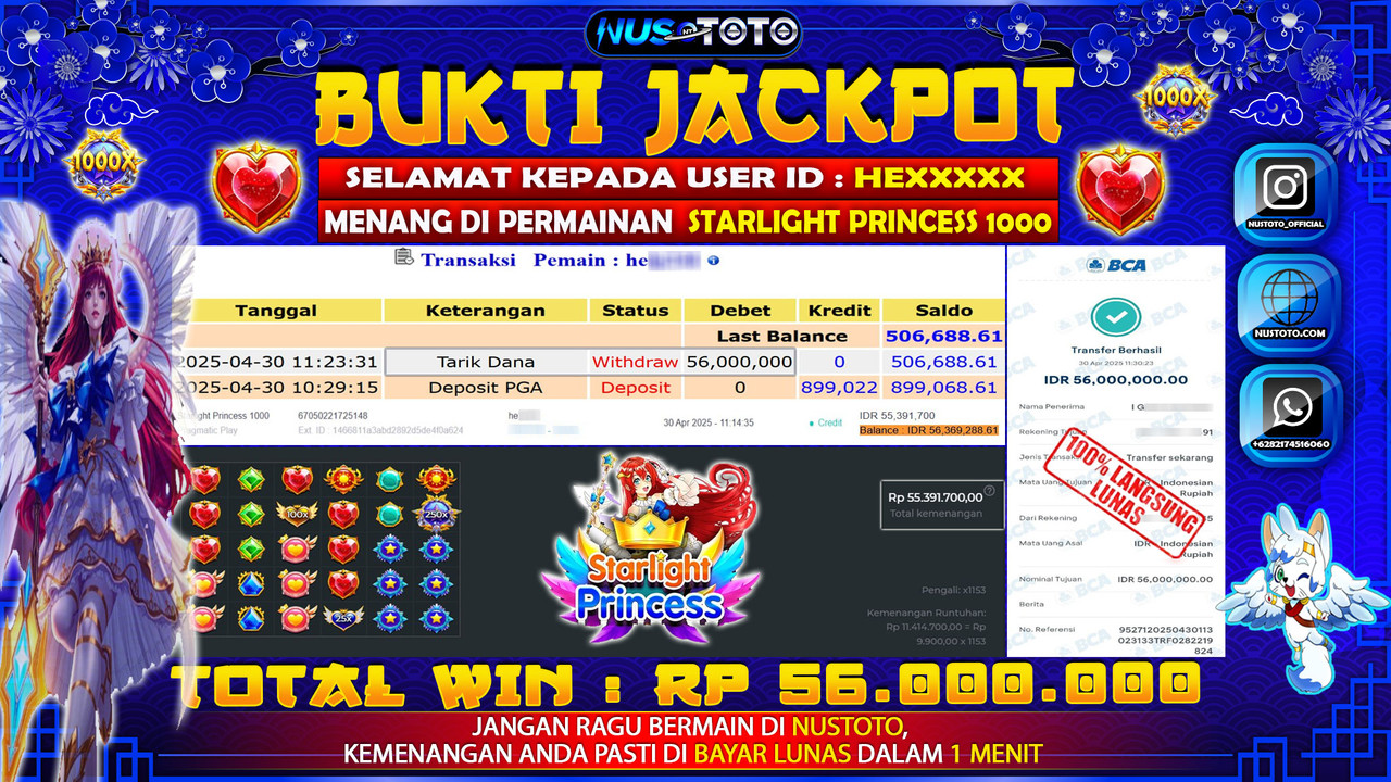 JACKPOT !! MENANG BESAR DI SLOT STARLIGHT PRINCESS 1000 Rp. 56.000.000 LANGSUNG DI BAYAR LUNAS NUSTOTO !!
