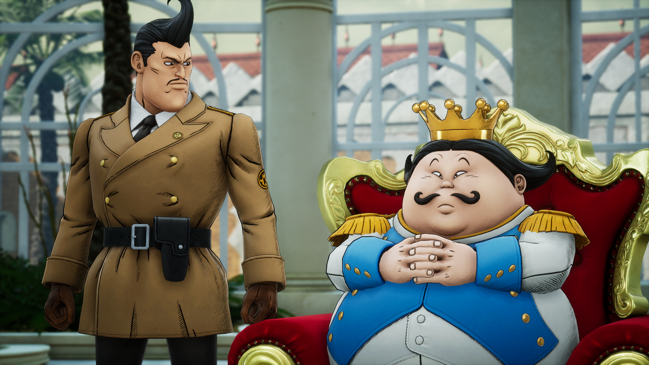 The King of Sand Land sits on his throne with his fingers laced together while one of his generals looks down at him.