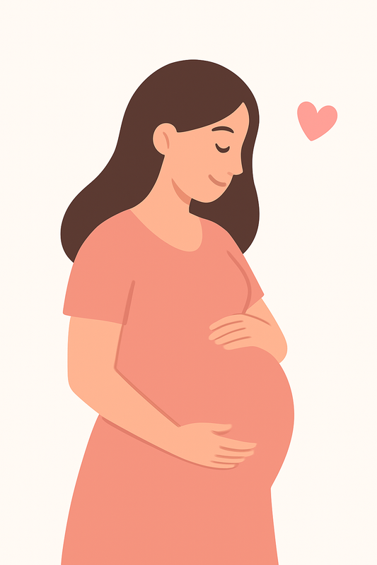 A serene pregnant woman cradling her belly.