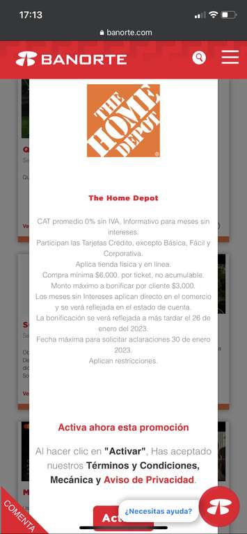 BANORTE, 15% Bonificación y MSI en The Home Depot del 22-24 noviembre (Compra mín $6000, topado a $3000)
