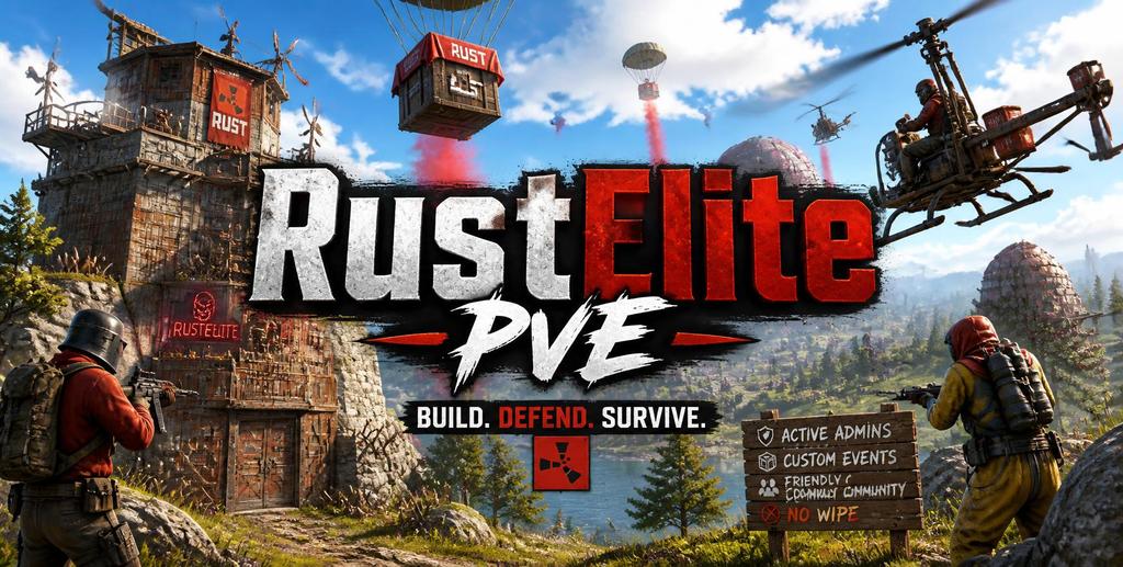 A vibrant action packed gaming server header banner 1024x512 pixels themed around Rust Pv E surviv