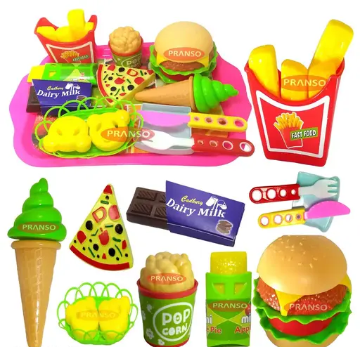 Play Fast Food 18 pcs Set Pretend Play Barger Fries and ice Cream with Trey Food Toy | Best Gifts Food playset for Boys Girls Kids- Multi Color (T107)
