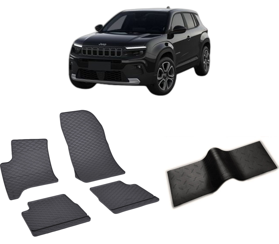 Set covorase auto JEEP AVENGER E-HYBRID din 11.2023-PREZENT, cu covoras tunel median, CAROSERIE SUV, Presuri cauciuc 100%, compatibil cu autoturismul JEEP AVENGER E-HYBRID, Rigum