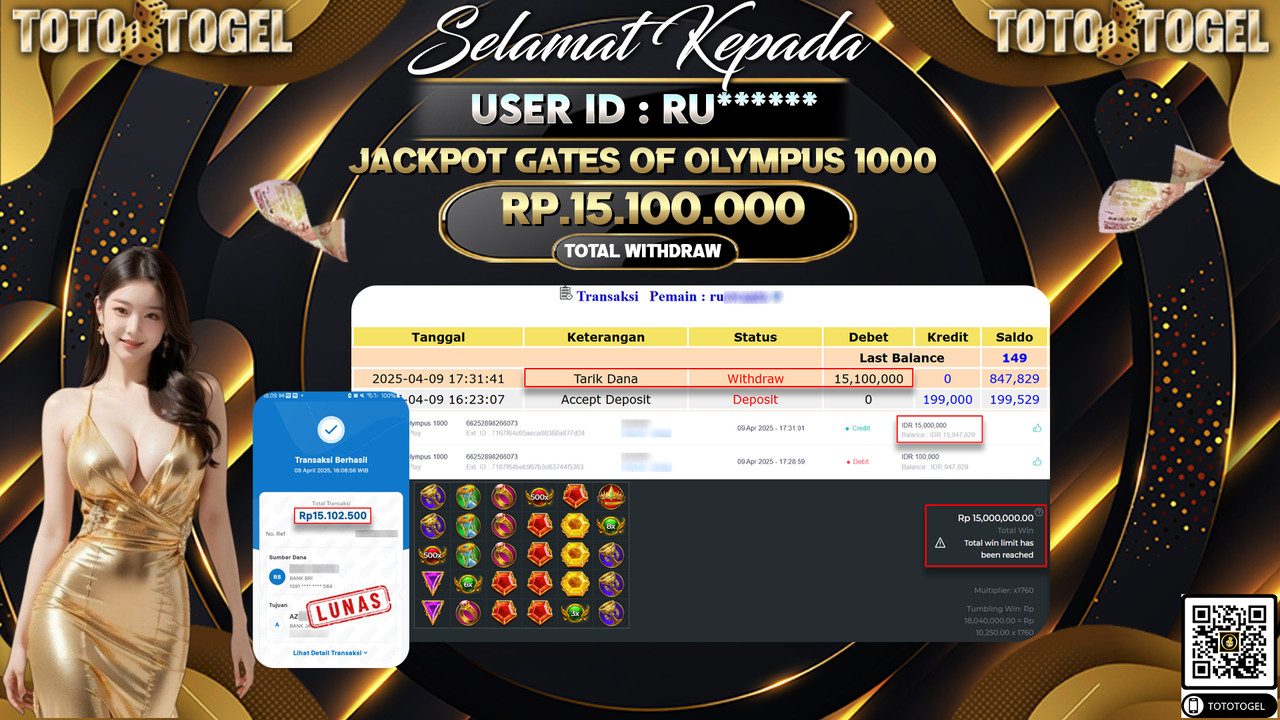 Bukti Pembayaran Jackpot  Permainan Slot Gates Of Olympus 1000 ID:RU****** LUNAS