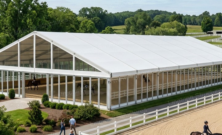 Event support tent with rest areas, dining and media center for equestrian competitions