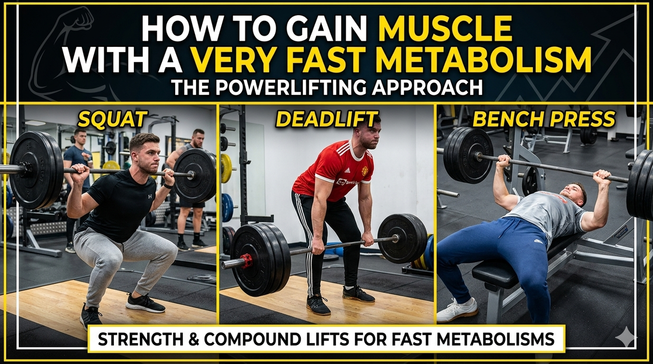 Athlete performing barbell squat with proper form in gym, heavy compound lift for how to gain muscle if you have a very fast metabolism