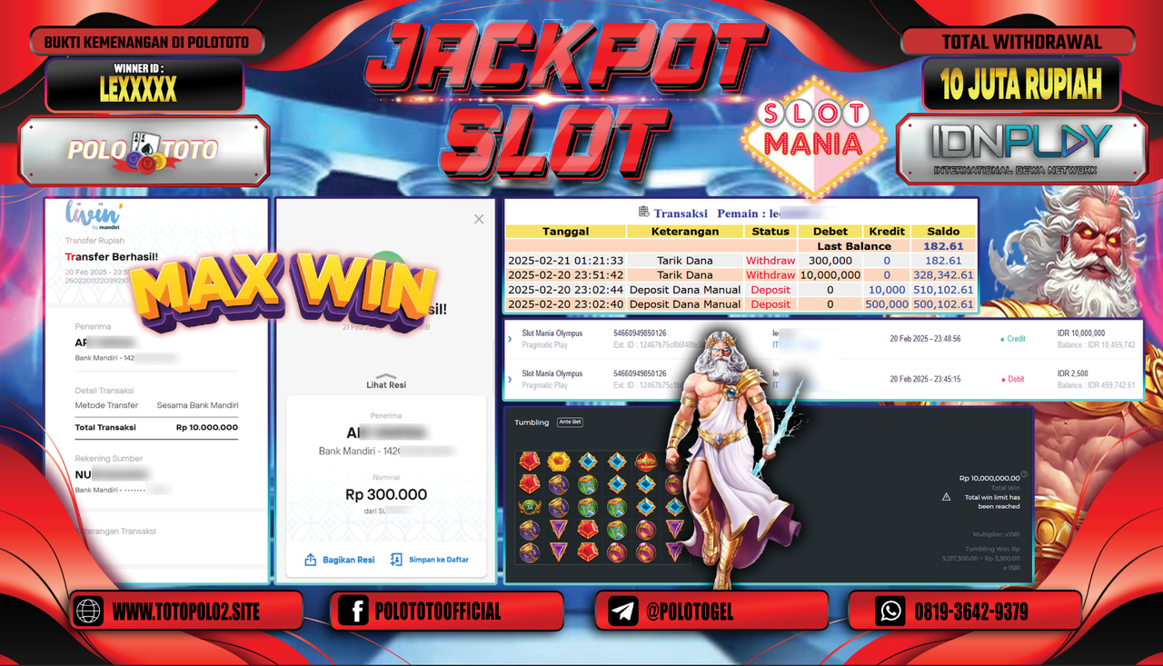 POLOTOTO JACKPOT SLOT MANIA OLYMPUS Rp.10.300.000,-