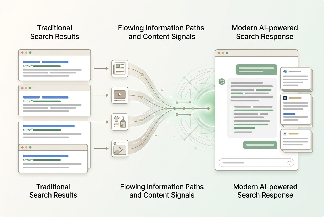 Visual transition from traditional blue-link search engine results page to conversational AI chat interface, illustrating the shift in modern SEO strategies