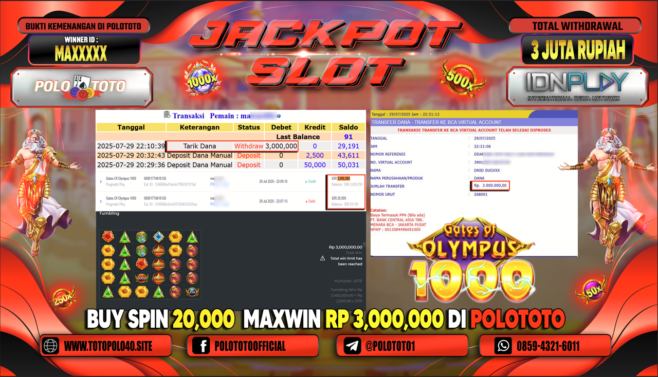 POLOTOTO JACKPOT SLOT GATES OF OLYMPUS 1000 Rp.3.000.000,- LUNAS