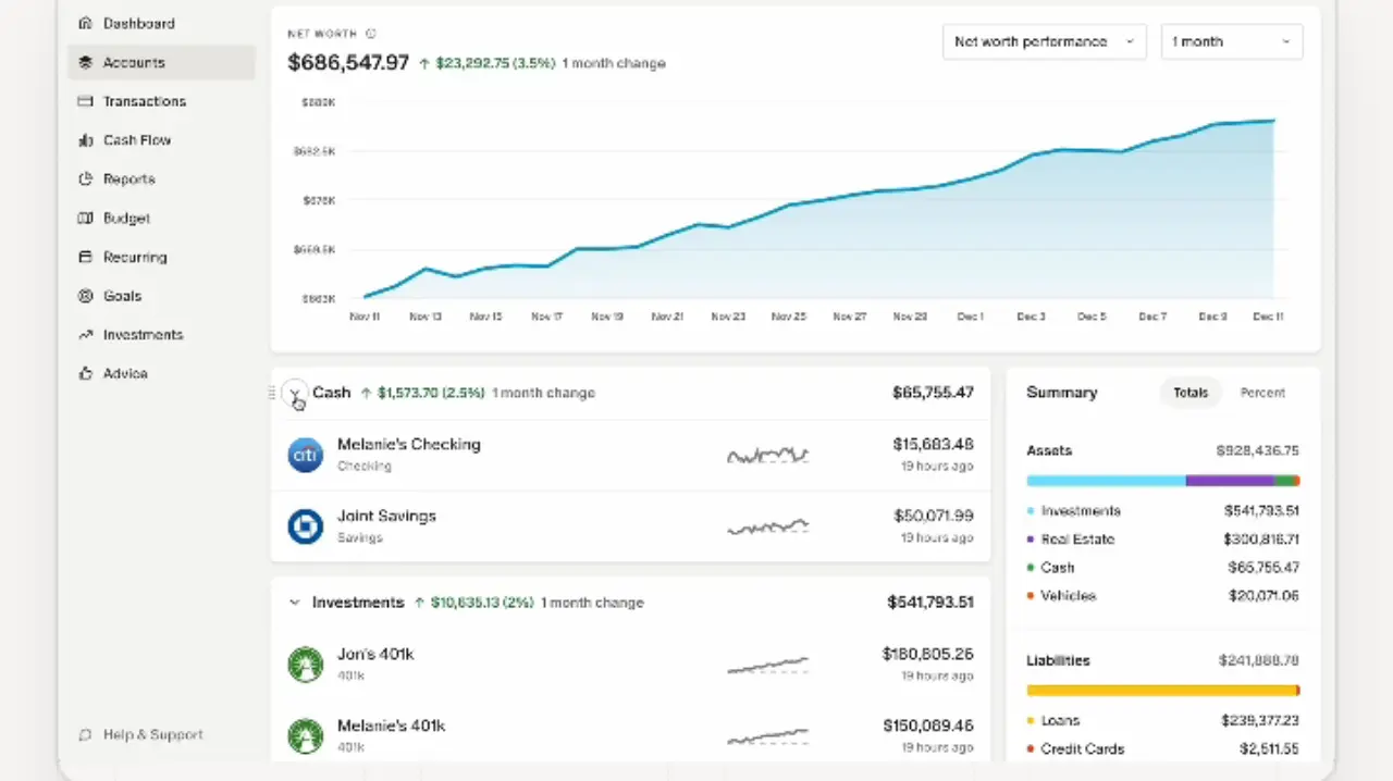 Monarch Money dashboard showing net worth and cash flow