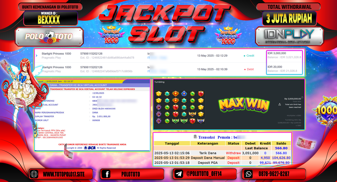 POLOTOTO JACKPOT SLOT STARLIGHT PRINCESS 1000 Rp.3.051.000,-