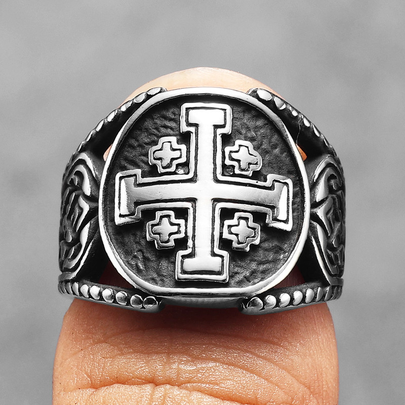 Jerusalem Crusader Cross Men Rings Stainless Steel Silver Jewelry