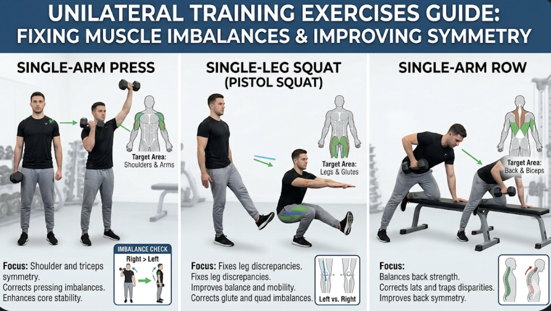 Unilateral training exercises guide showing single-arm press single-leg squat and single-arm row for fixing muscle imbalances and improving symmetry