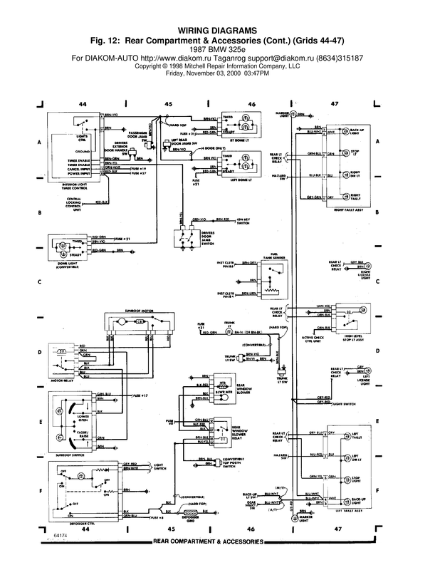 BMW 325e 1987 Wiring Diagrams # 12 -Rear Compartment and Accessories  grids 44- 47