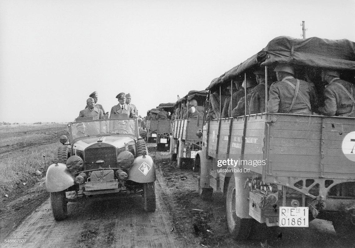 Adolf Hitler and Benito Mussolini in a jeep in the region of Uman (south of Kiev) in the Ukraine vis