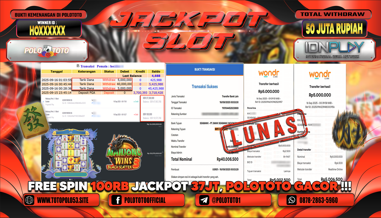 POLOTOTO JACKPOT SLOT MAHJONG WINS 3-BLACK SCATTER Rp.50.000.000,-