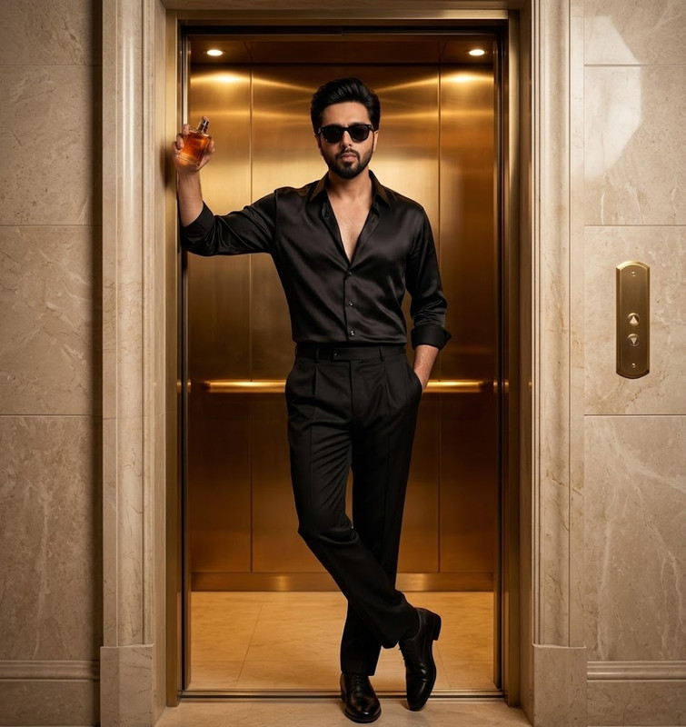 AI-generated example result for the creative-images prompt: Luxury Elevator Editorial Perfume Portrait by Prompt Craft