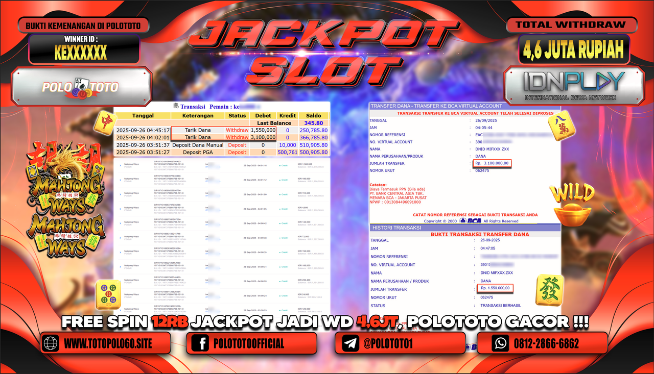 POLOTOTO JACKPOT SLOT MAHJONG WAYS Rp.4.600.000,- LUNAS