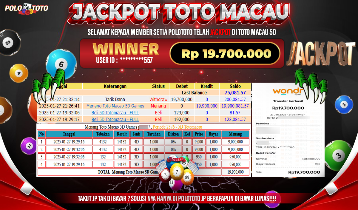 POLOTOTO JACKPOT TOTO MACAU 5D Rp.19,700.000,-
