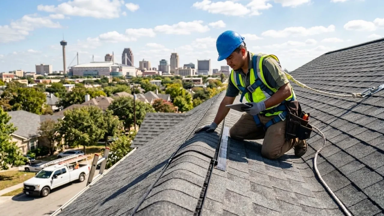 Roofing contractor performing final inspection after roof replacement San Antonio
