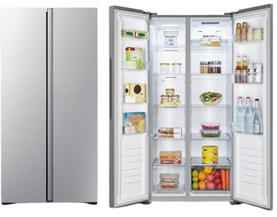 Nevera KTC de dos puertas con congelador superior, en acabado de acero inoxidable color gris.