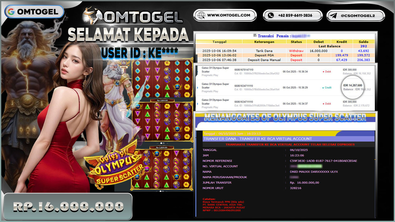 OMTOGEL JACKPOT PRAGMATIC PLAY GATES OF OYLMPUS SUPER SCATTER 16 JUTA DI BAYAR LUNAS ,-