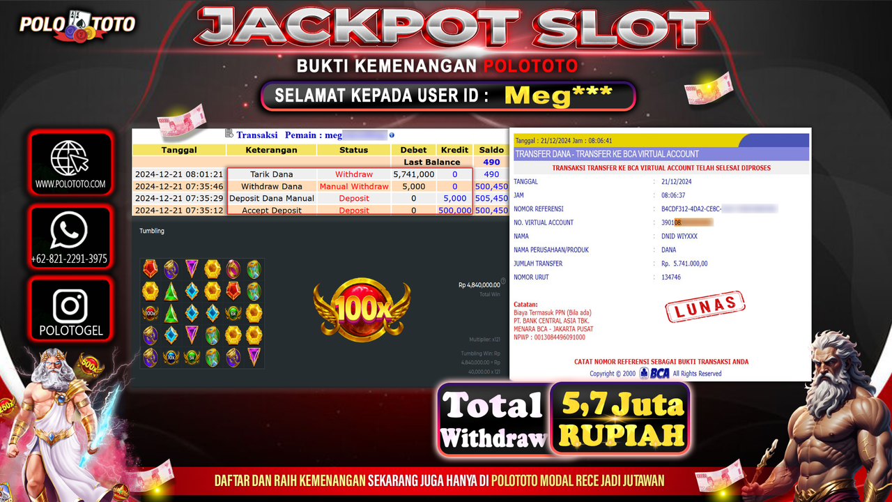 POLOTOTO JACKPOT SLOT MANIA OLYMPUS Rp.5,741.000,-