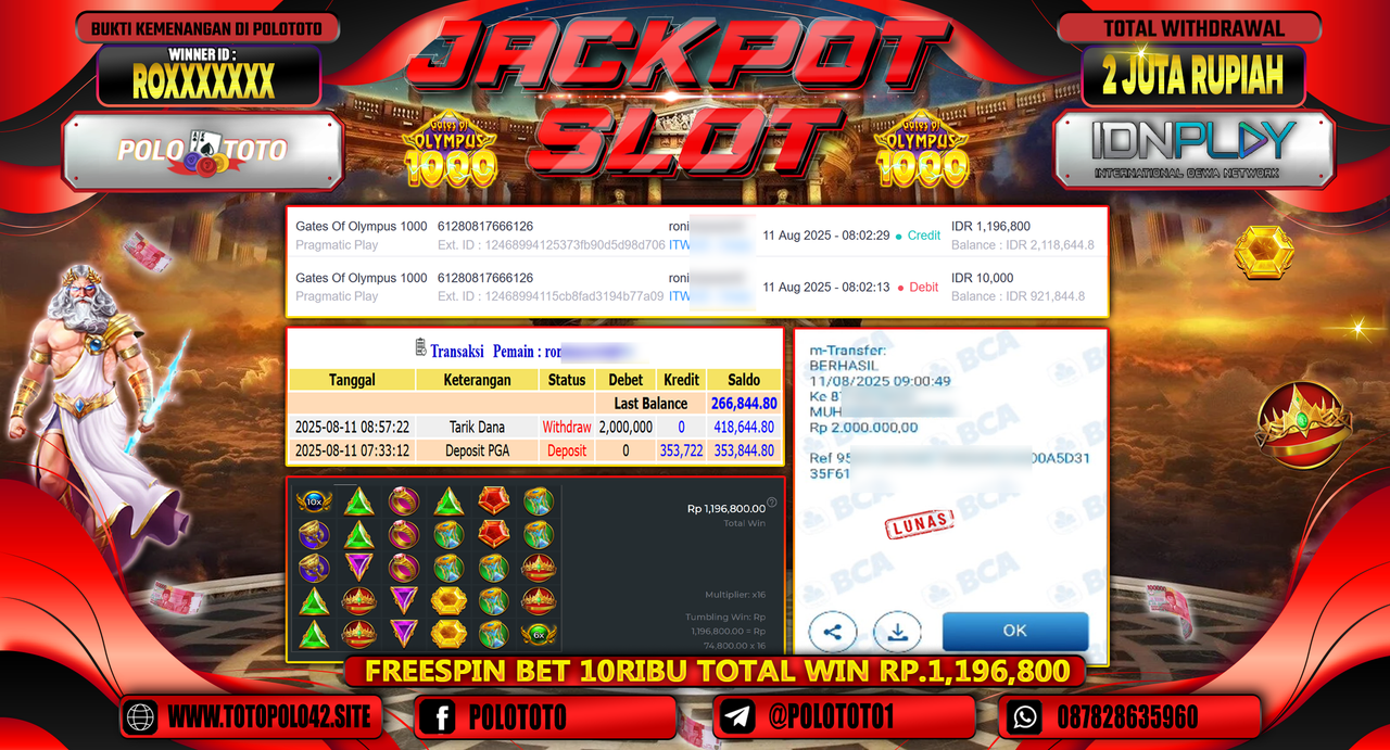 POLOTOTO JACKPOT SLOT GATES OF OLYMPUS 1000 Rp..2.000.000,-LUNAS