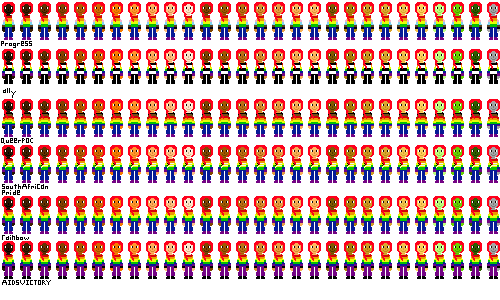 a row of people with pride flag shirts and dark red hair
