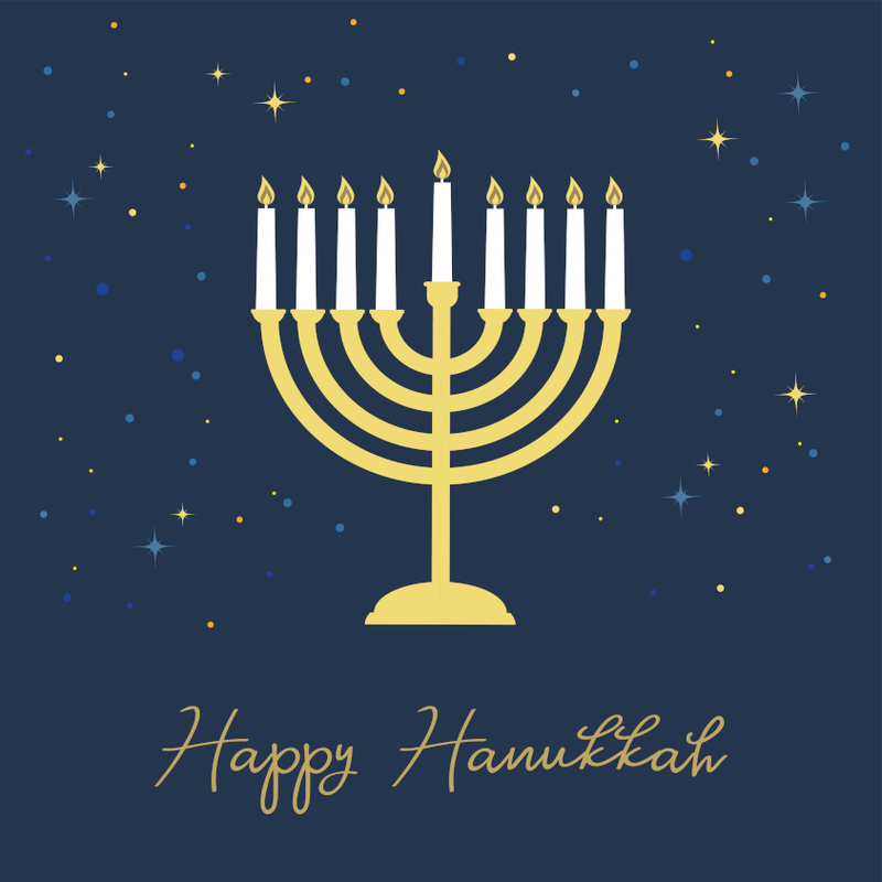 a card that says Happy Hanukkah below an image of a menorah