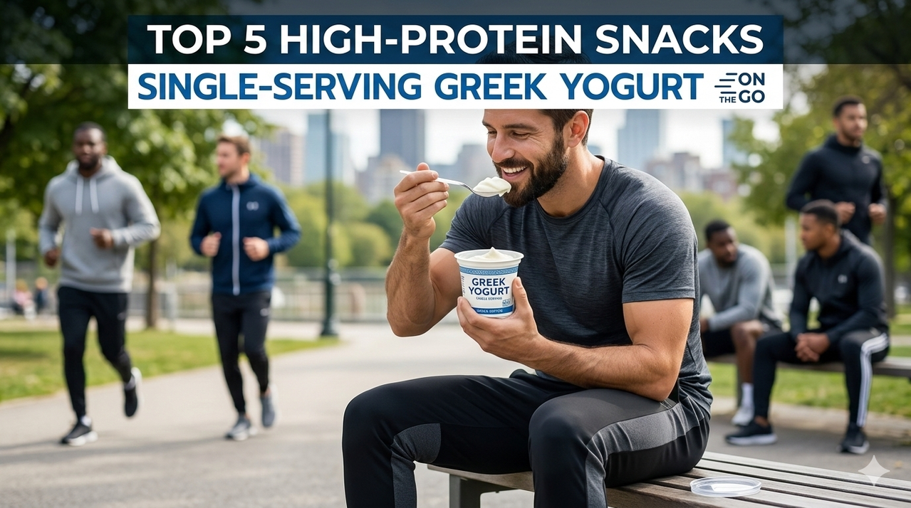 Single-serving Greek yogurt cups with spoon for top 5 high-protein snacks you can eat on the go