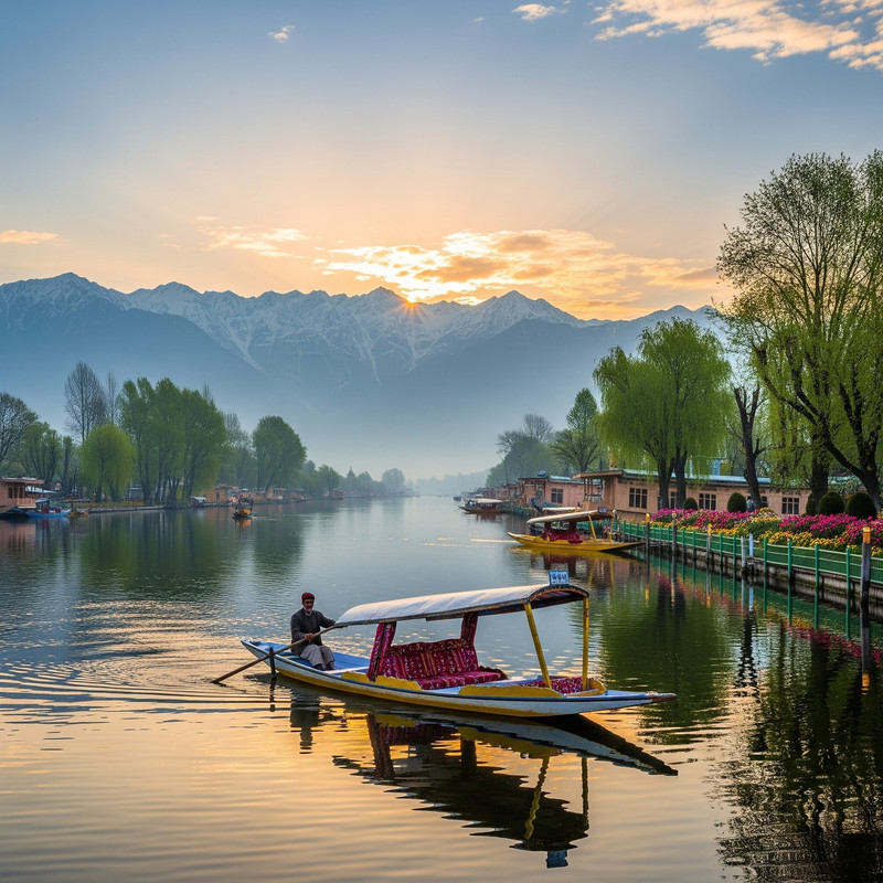 A panoramic view of a serene lake in Kashmir with mountains in the background.