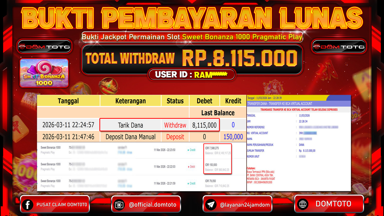 JACKPOT SLOT Sweet Bonanza 1000 Pragmatic Play 11 MARET 2026