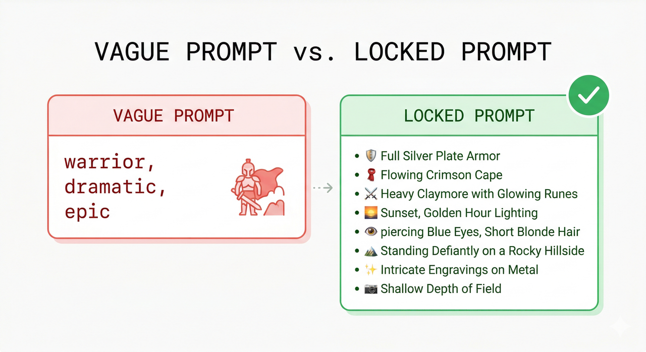 Vague AI prompt vs locked specific prompt comparison card