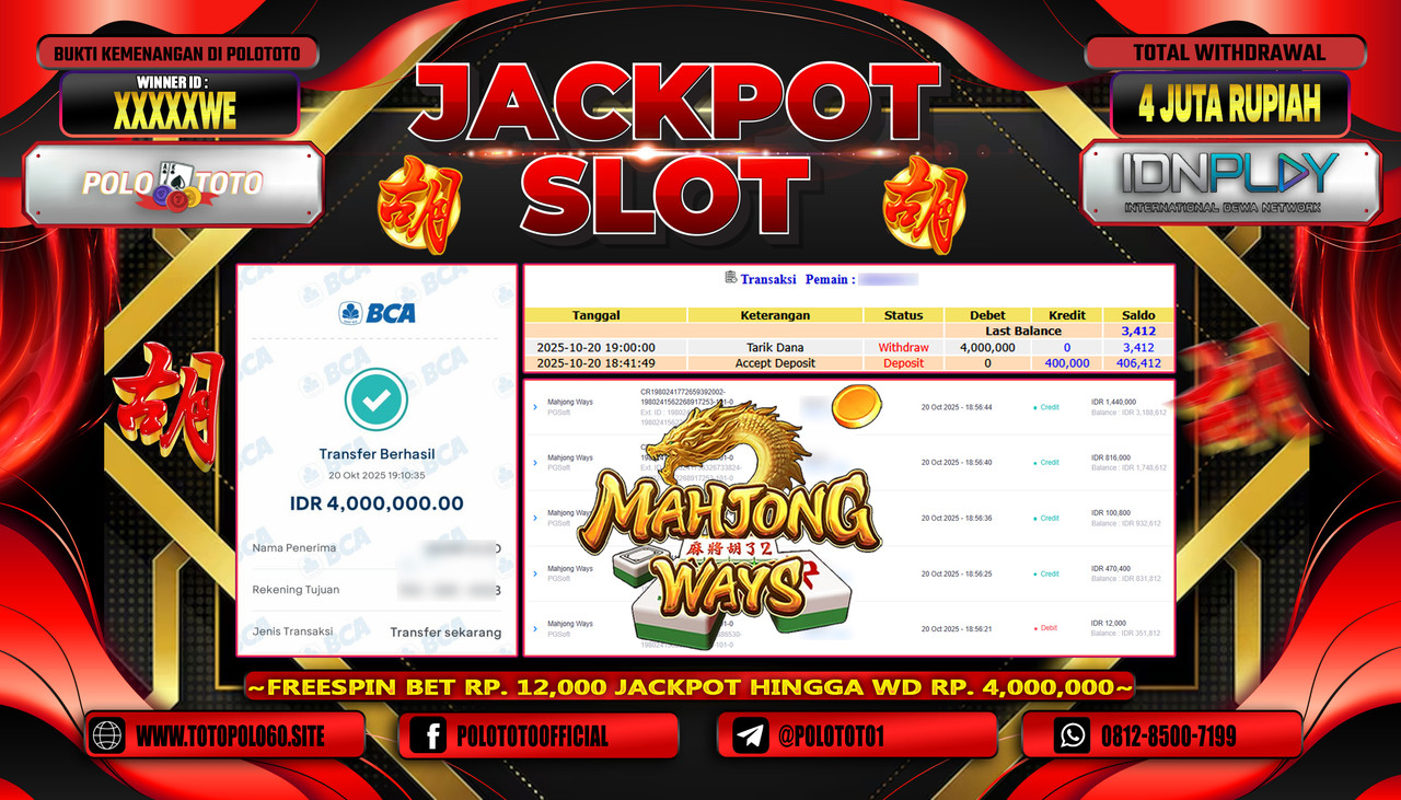 POLOTOTO JACKPOT SLOT MAHJONG WAYS Rp.4.000.000,- LUNAS