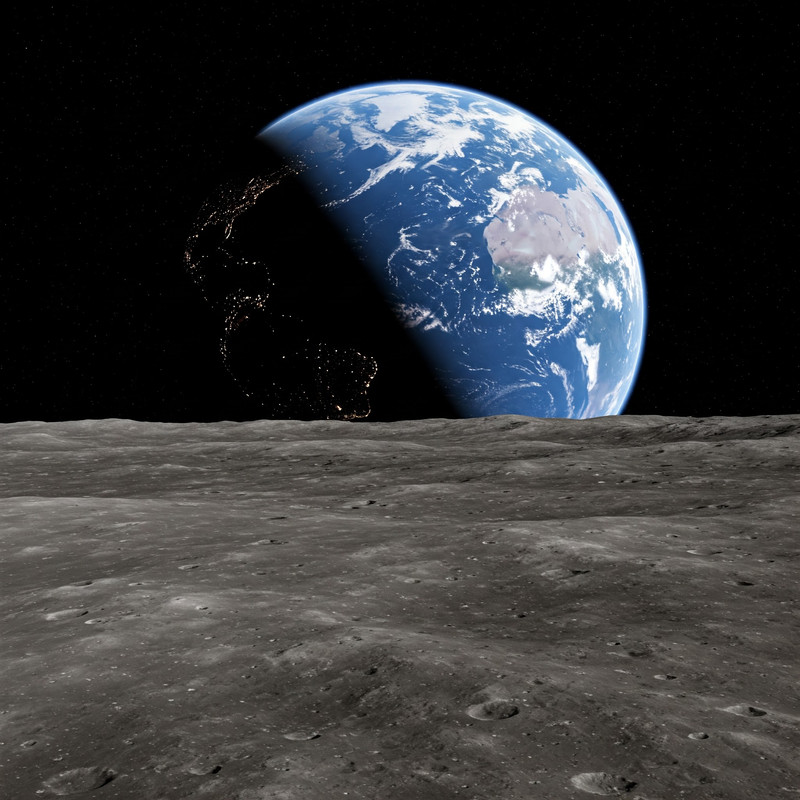 The Moon's stark, cratered surface with a vibrant Earth suspended in the blackness of space.