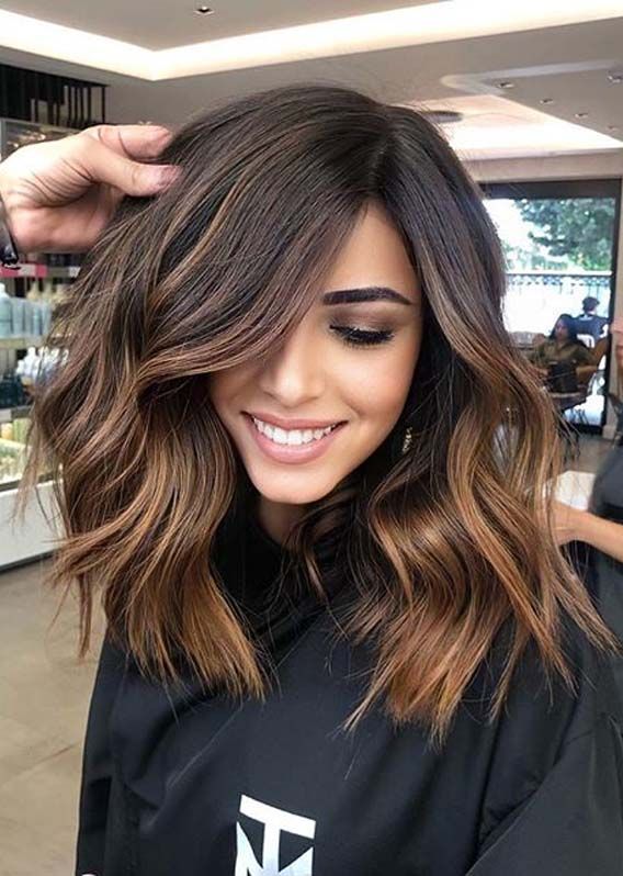 Chocolate caramel color on medium long hair